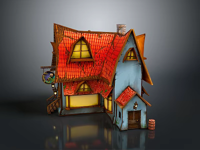 Cartoon House With Red Tiled Roof Blue Walls Yellow Windows Small Signboard And Wooden Barrel 3d model