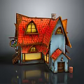 Cartoon House With Red Tiled Roof Blue Walls Yellow Windows Small Signboard And Wooden Barrel