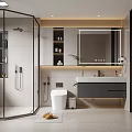 Modern Bathroom Interior With Glass Shower Vanity Toilet Mirror Tiles And Lighting