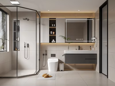 Modern Bathroom Interior With Glass Shower Vanity Toilet Mirror Tiles And Lighting 3d model