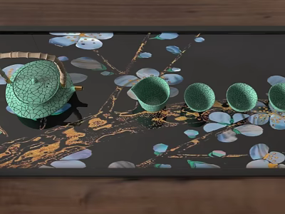 Green Crackle Pattern Tea Set With Black Tray Featuring Flower Branch Designs 3d model