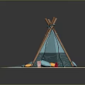 Turquoise Kids Tepee Tent With Wooden Poles Small Blanket And Toys