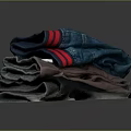 Daily Clothing Stack With Blue Jeans Red Stripes Red Logo And Dark Gray Items