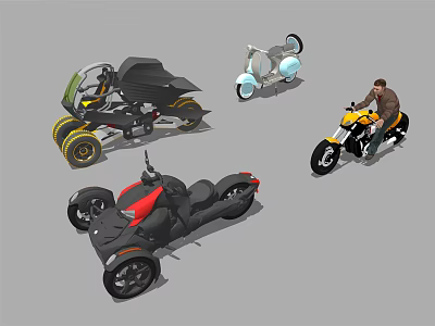 Different Types of Motorcycles Including Three Wheel Scooter and Rider with Various Colors and Designs 3d model