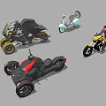 Different Types of Motorcycles Including Three Wheel Scooter and Rider with Various Colors and Designs