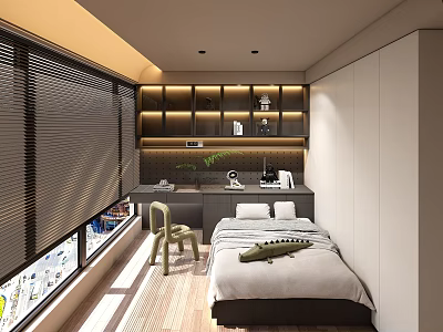 Modern Study Room Interior With Bed Desk Chair Bookshelves Window Blinds And Plants 3d model