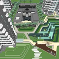 Modern Urban Landscape Design in High Rise Residential Area With Green Spaces and Water Paths