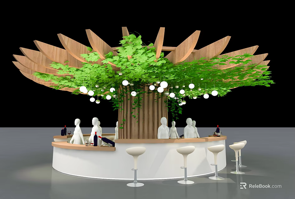 Modern Circular Bar Design With Tree Like Wooden Structure Green Plants White Lights And Stools 3d model 