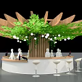 Modern Circular Bar Design With Tree Like Wooden Structure Green Plants White Lights And Stools