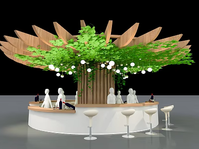 Modern Circular Bar Design With Tree Like Wooden Structure Green Plants White Lights And Stools 3d model