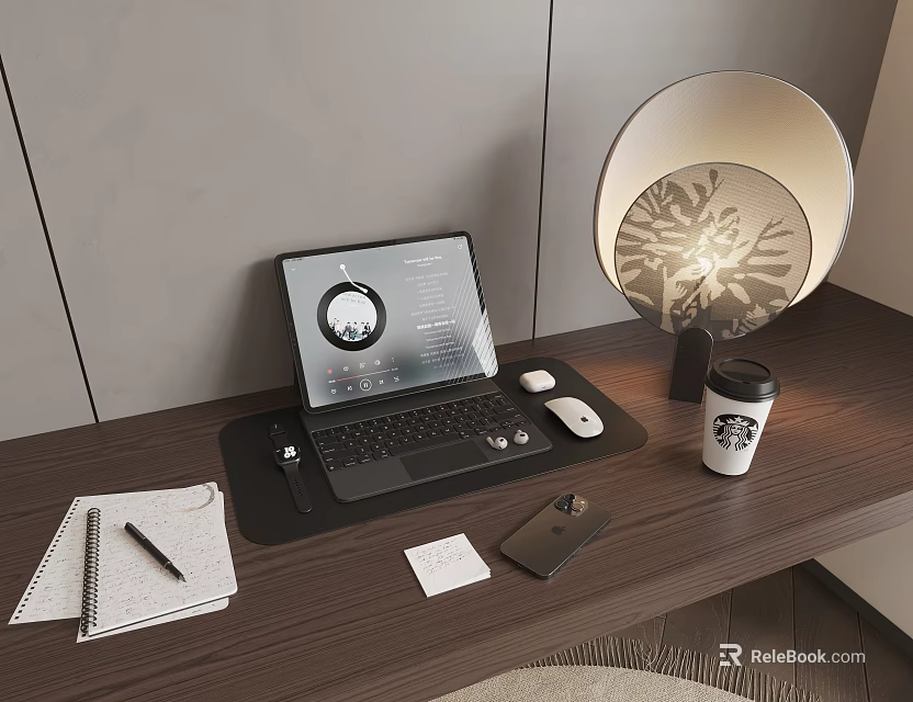 Modern Laptop Setup With Wireless Mouse Mobile Phone And Starbucks Coffee On Wooden Desk 3d model 