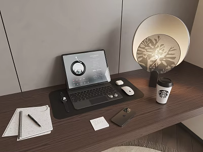 Modern Laptop Setup With Wireless Mouse Mobile Phone And Starbucks Coffee On Wooden Desk 3d model