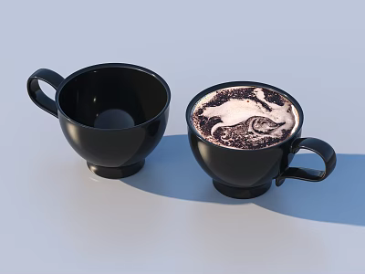 Black Cups With One Holding Latte Art Coffee And The Other Empty 3d model