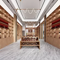 Chinese Traditional Tea Store Interior With Wooden Shelves Tea Sets And Decorative Partitions