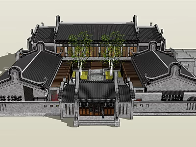 Ancient Chinese Architecture With Traditional Black Tile Roofs And Symmetrical Courtyard 3d model
