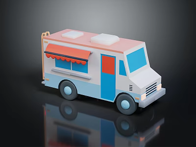 Colorful Food Truck With Pink Roof Blue Body Red Awning Windows And Door 3d model
