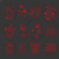 Artistic Red Floral Botanical Patterns With Various Flower And Leaf Designs 3d model