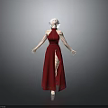 Woman With White Hair Wearing Red High Slit Long Dress On Black Floor Gray Background