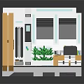 Modern Interior Room With Orange Cabinet Windows Green Plants Table And Chairs