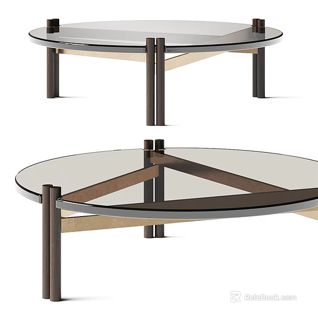 Round Glass Top Coffee Table With Triangular Wooden Support And Dark Metal Legs 3d model 