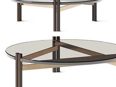 Round Glass Top Coffee Table With Triangular Wooden Support And Dark Metal Legs 3d model