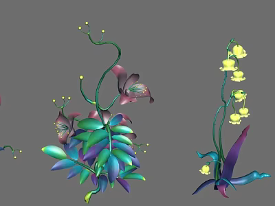 Colorful Decorative Plants With Vibrant Green Purple Leaves Yellow Flowers And Curved Vines 3d model