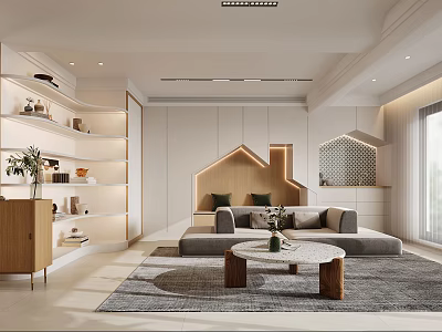 Modern Minimalist Living Dining Room Interior With Sofa Coffee Table Wooden Shelves And Rug 3d model