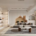 Modern Minimalist Living Dining Room Interior With Sofa Coffee Table Wooden Shelves And Rug