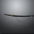 Samurai Katana With Black Scabbard And Golden Accents On Reflective Surface