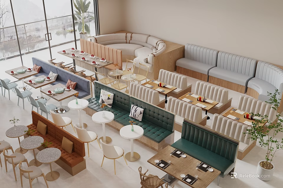Modern Restaurant Interior With Booth Sofas Various Colored Seats Tables Tableware Large Windows And Plants 3d model