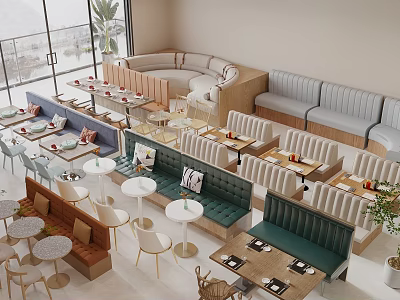 Modern Restaurant Interior With Booth Sofas Various Colored Seats Tables Tableware Large Windows And Plants 3d model
