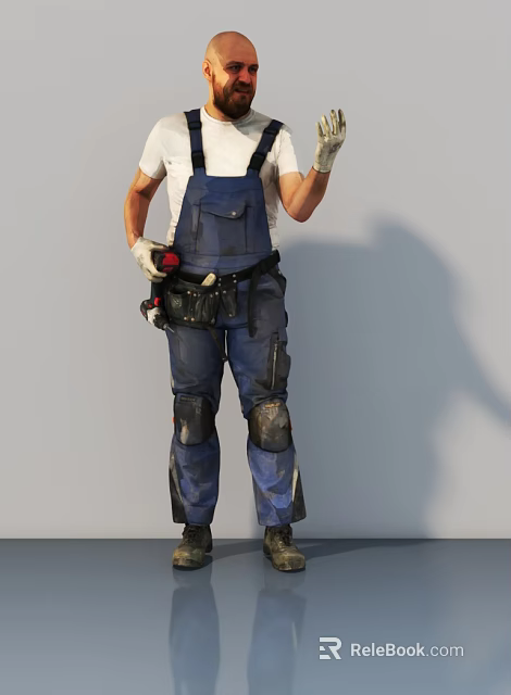 Man Wearing Blue Work Overalls White T-Shirt Gloves and Tool Belt Posing in Gray Background 3d model 