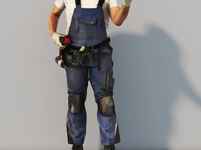 Man Wearing Blue Work Overalls White T-Shirt Gloves and Tool Belt Posing in Gray Background 3d model