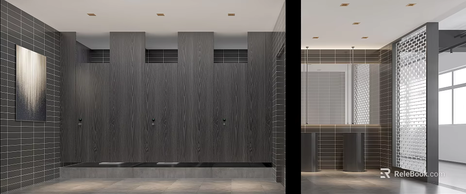Public Restroom Modern Design With Wooden Partitions Marble Flooring Tiled Walls And Washbasin 3d model 