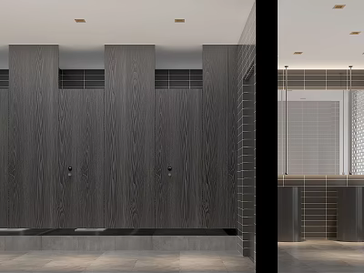 Public Restroom Modern Design With Wooden Partitions Marble Flooring Tiled Walls And Washbasin 3d model