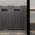 Public Restroom Modern Design With Wooden Partitions Marble Flooring Tiled Walls And Washbasin
