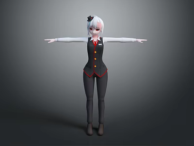 Anime Style Female Character 3D Model With White Hair Black Vest And Red Accents 3d model