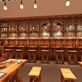 Cozy Wooden Restaurant Interior With Red Lanterns Bar Counter Wine Racks Decorations And TV Screen