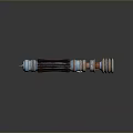 Futuristic Weapon With Metallic Cylindrical Design Colorful Blue Red Copper Rings Shiny Reflective Surface