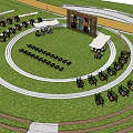 Garden Landscape Design With Circular Lawn Wooden Seats Terrace Steps And Surrounding Trees