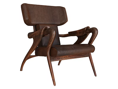 Brown Leather Accent Chair With Wooden Frame And Mid Century Modern Design 3d model