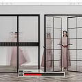 Black Frame Glass Doors Grid Design And Woman In Pink Dress Behind Open Door