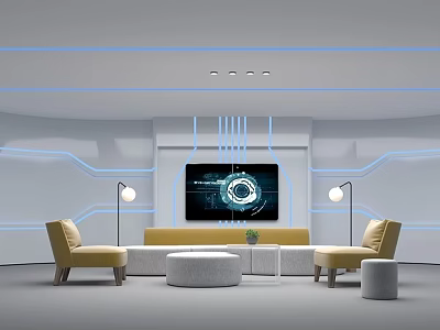 Tech Inspired Interior Design Featuring Large Screen Blue Lines Yellow Sofa Chairs And Round Tables 3d model