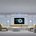 Tech Inspired Interior Design Featuring Large Screen Blue Lines Yellow Sofa Chairs And Round Tables 3d model