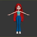 3D Cartoon Character With Red Hair Blue Top Blue Flared Pants And White Shoes