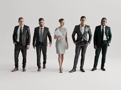 Five Business Professionals in Formal Attire Standing Together Against Grey Background 3d model