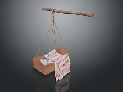 Traditional Hanging Wooden Basket With Striped Cloth And Wooden Stick Suspension 3d model