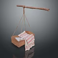 Traditional Hanging Wooden Basket With Striped Cloth And Wooden Stick Suspension