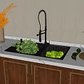 Black Double Bowl Kitchen Sink With Faucet And Fresh Vegetables On White Countertop