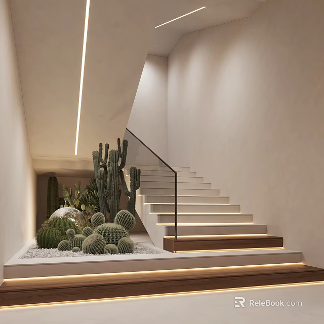 Modern Staircase With Glass Railing And Cacti In Light Colored Walls Space 3d model 